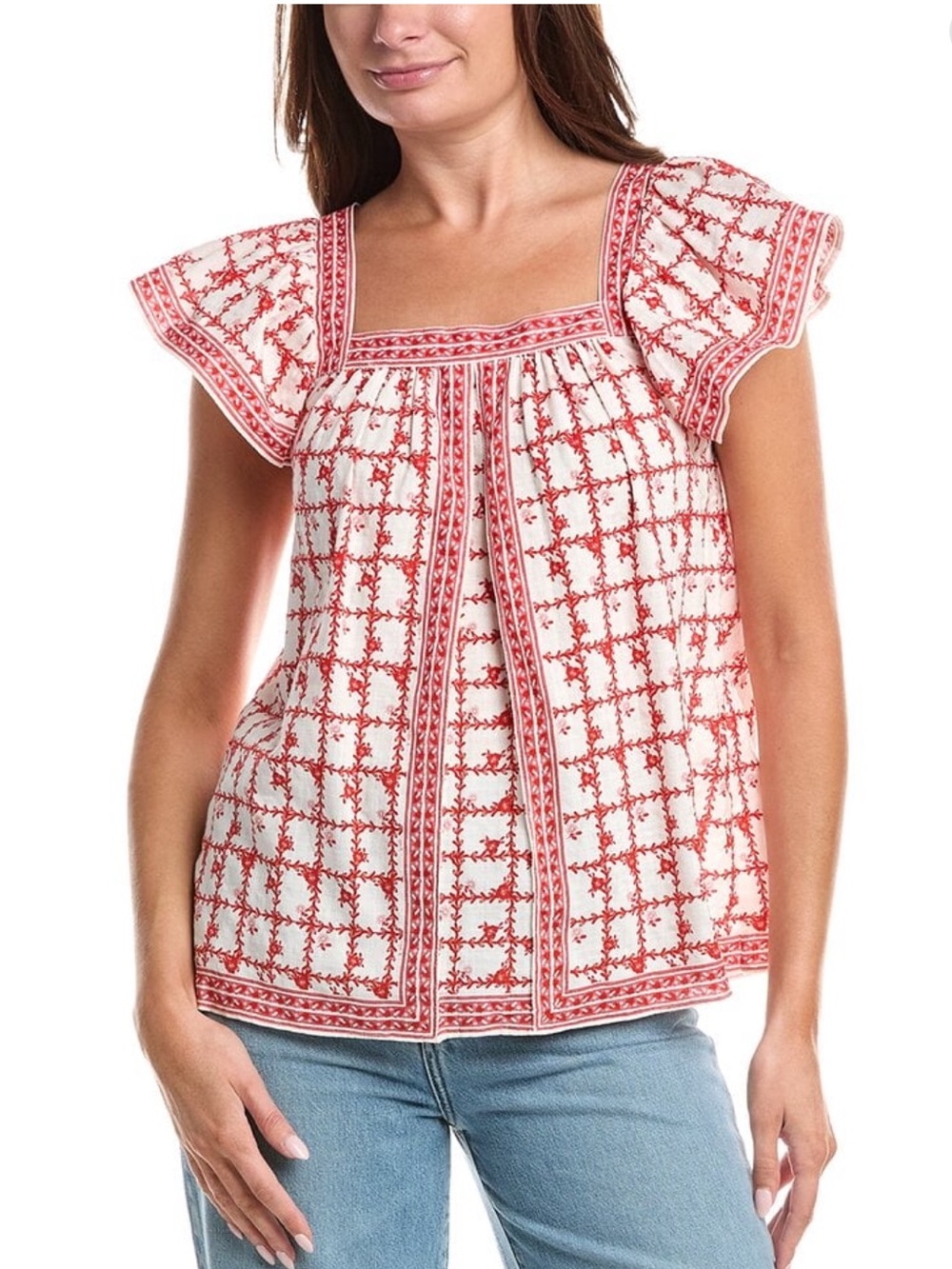 Max Studio Red White Blouse Flutter Sleeves Size Large Feminine Boho